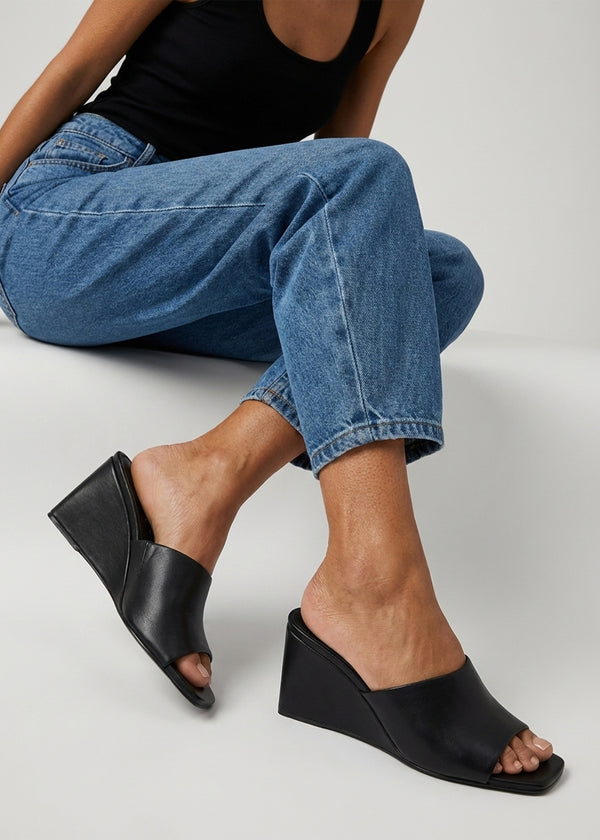 Sayne Black Leather Wedge Mules