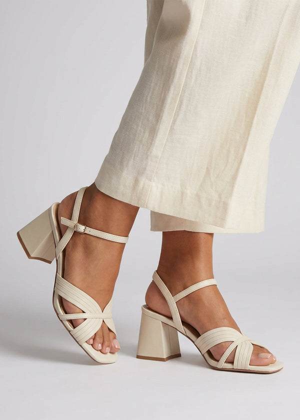 Savery Cream Leather Mid-Block Heel Sandals