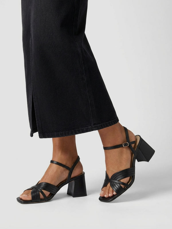 Savery Black Leather Mid-Block Heel Sandals