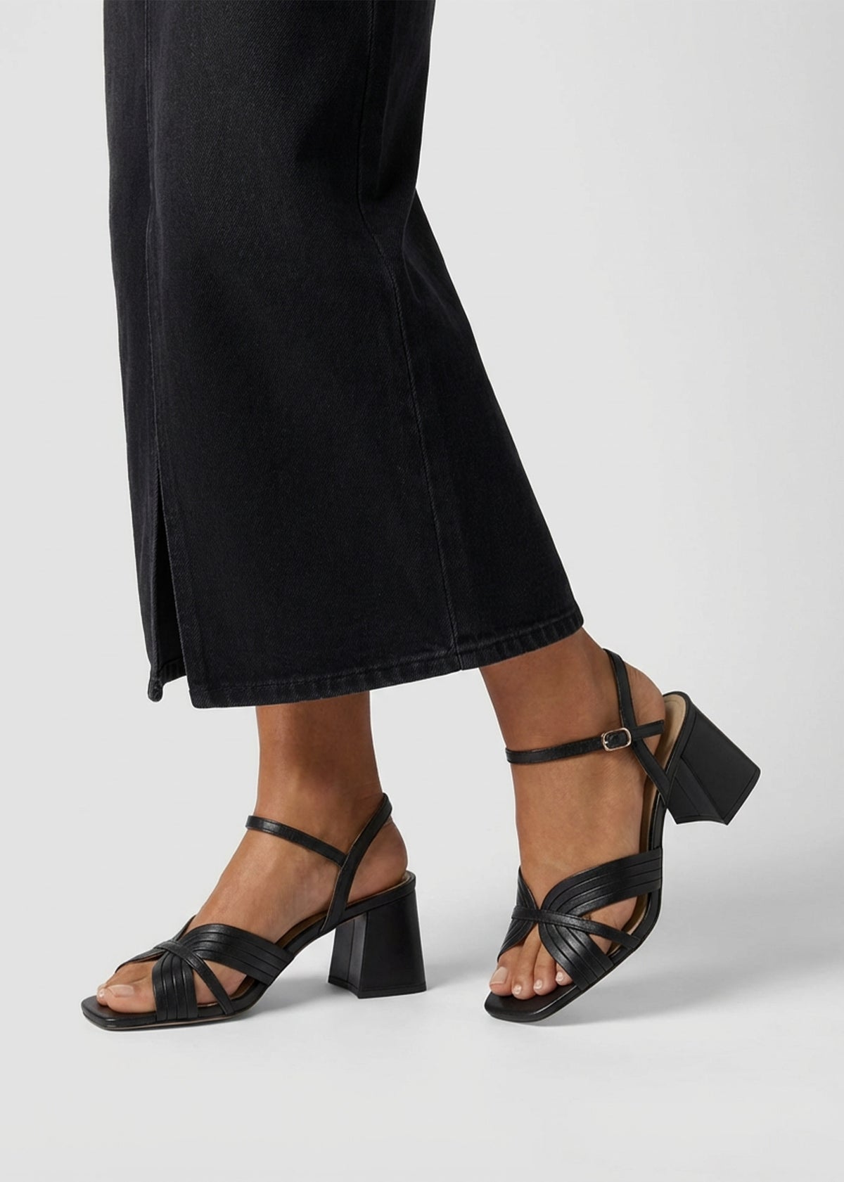 Savery Black Leather Mid-Block Heel Sandals
