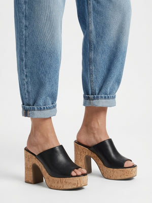 Silken Black Leather Cork Platform Heeled Mules