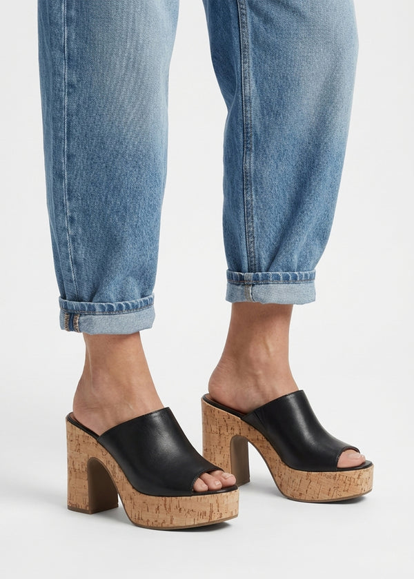 Silken Black Leather Cork Platform Heeled Mules