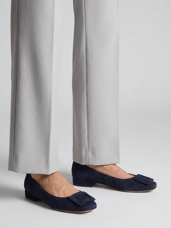 East Navy Suede Buckle Trim Flat Pumps