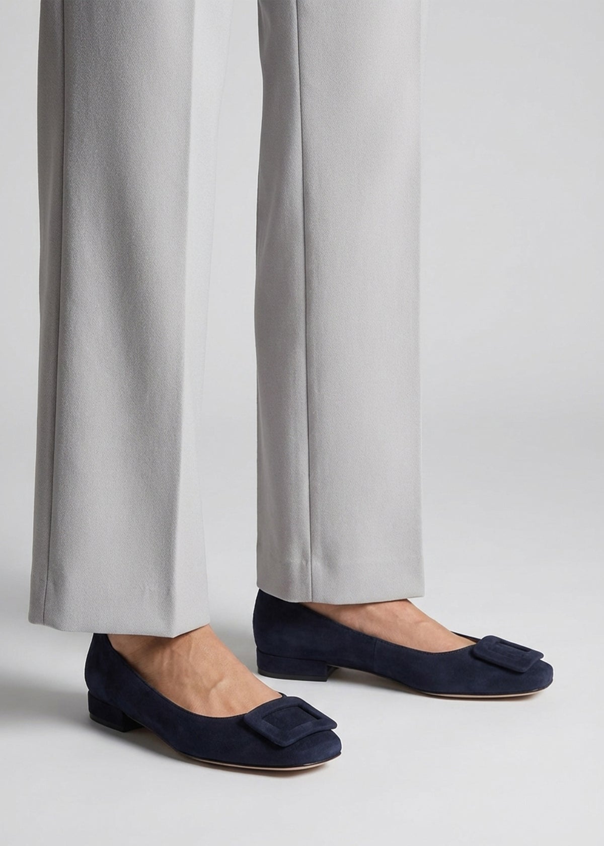 East Navy Suede Buckle Trim Flat Pumps