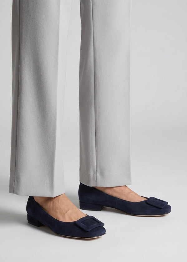 East Navy Suede Buckle Trim Flat Pumps