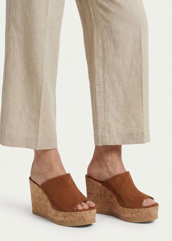 Sheli Tan Suede Cork Wedge Mules