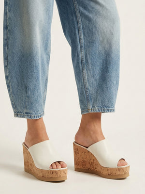 Sheli White Leather Cork Wedge Mules