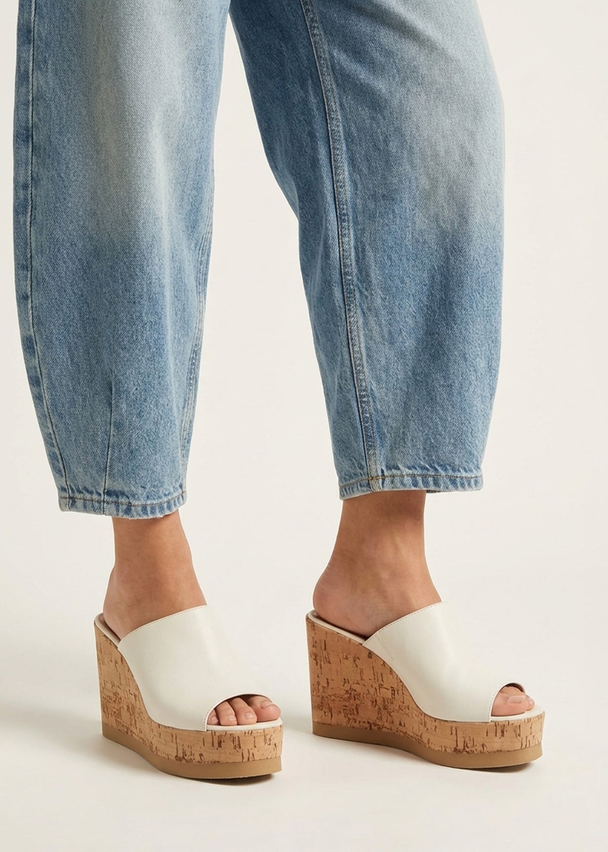 Sheli White Leather Cork Wedge Mules