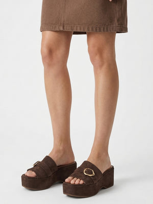 Slate Brown Suede One Bar Flatform Mules