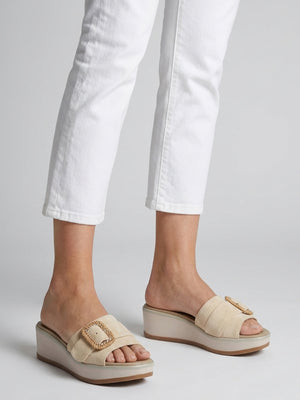 Rowhip Beige Suede Woven Buckle Flatform Mules