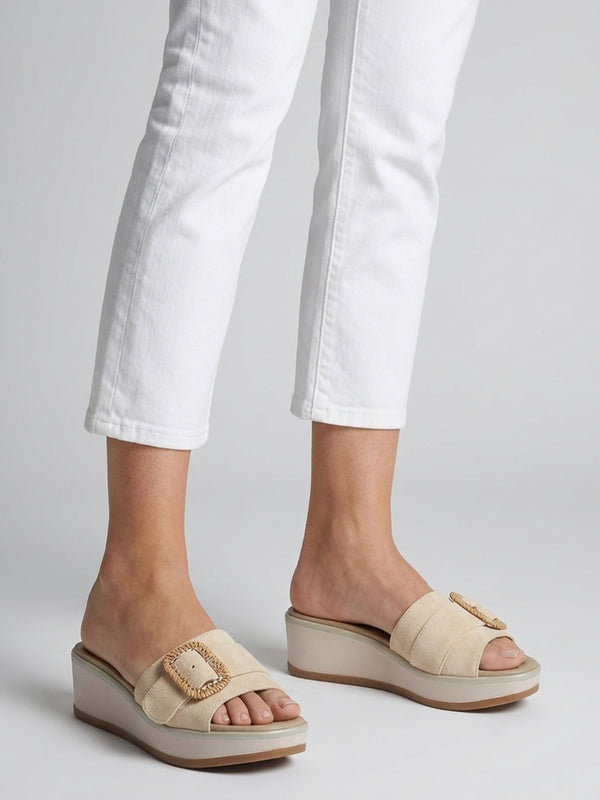 Rowhip Beige Suede Woven Buckle Flatform Mules
