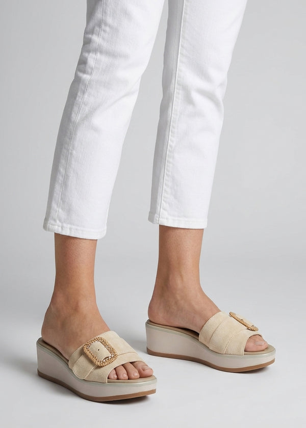 Rowhip Beige Suede Woven Buckle Flatform Mules