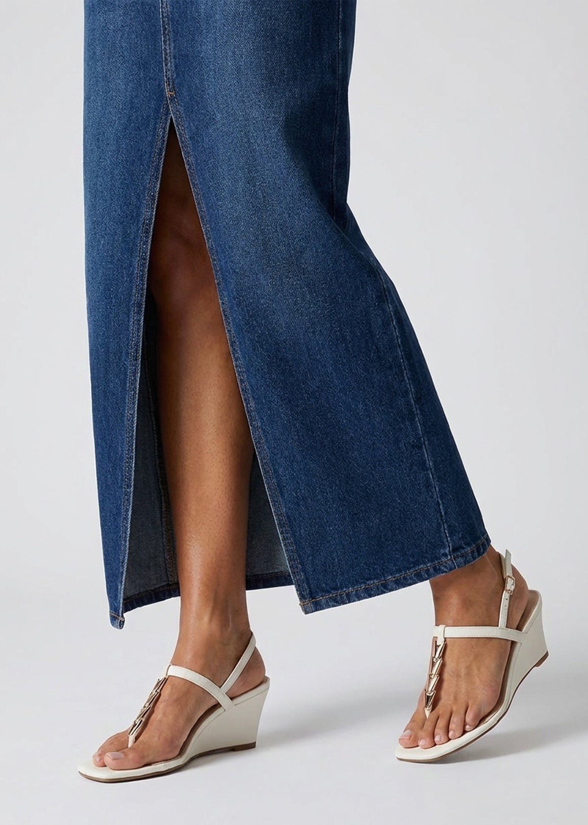 Yoko Cream Gold Trim Toe Post Mid Wedge Sandals