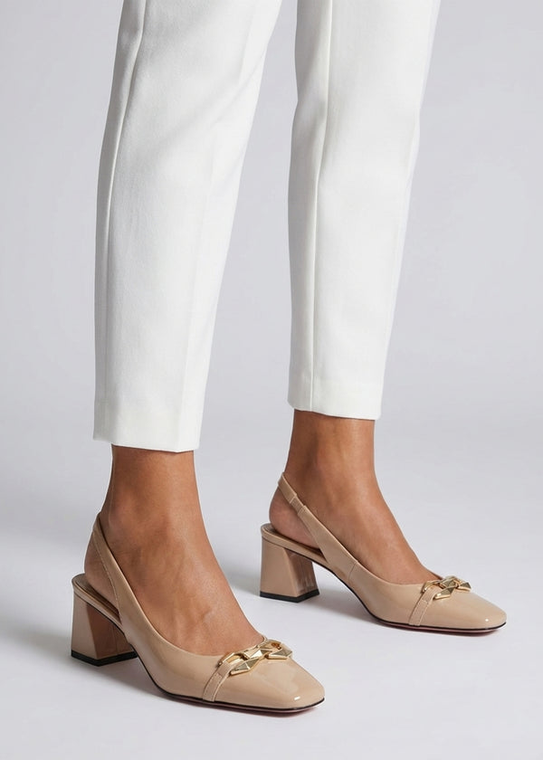 Sachay Nude Patent Leather Sling Back Court Shoes