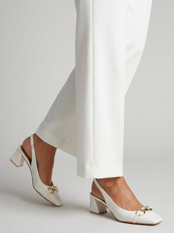 Sachay Cream Patent Leather Sling Back Court Shoes