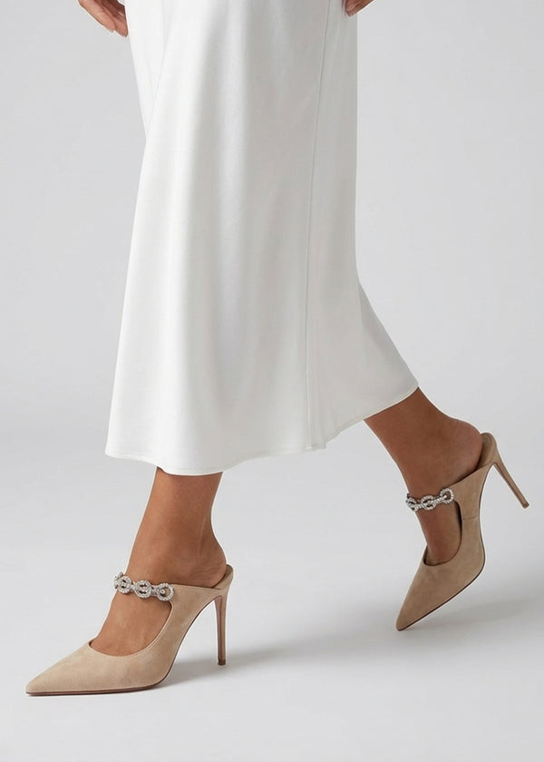 Studio Mary Nude Suede Embellished Heeled Mule Court Shoes
