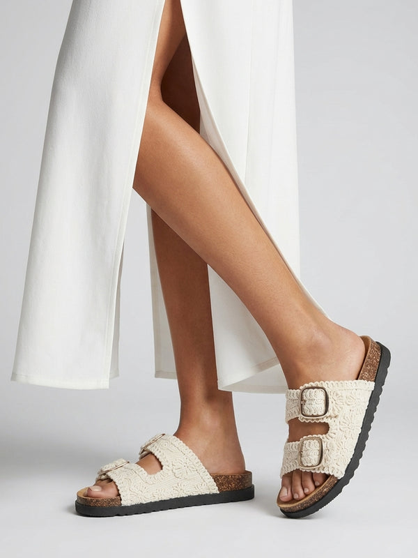 Yuri Cream Crochet Double Buckle Mules