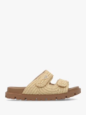 York Beige Woven Straw Two Bar Chunky Mules