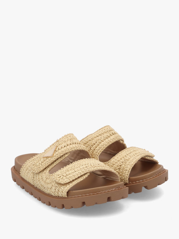 York Beige Woven Straw Two Bar Chunky Mules