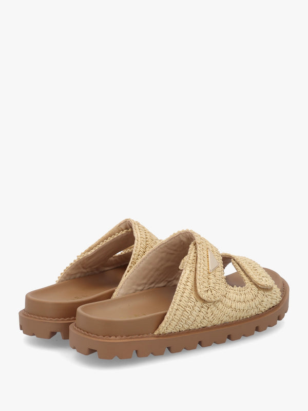 York Beige Woven Straw Two Bar Chunky Mules