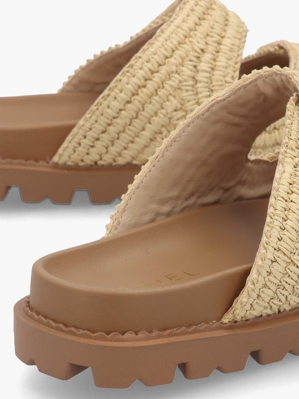 York Beige Woven Straw Two Bar Chunky Mules