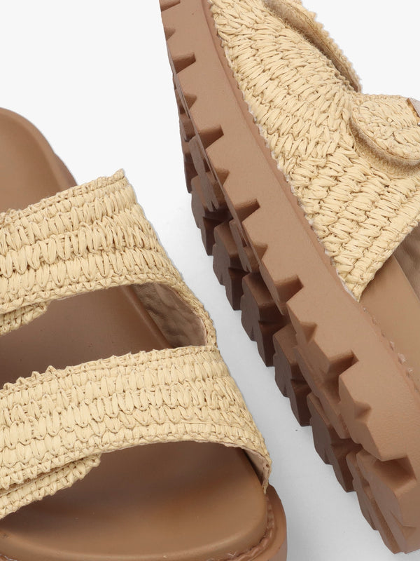 York Beige Woven Straw Two Bar Chunky Mules