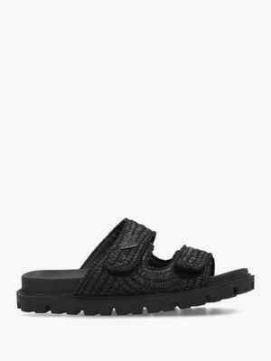 York Black Woven Straw Two Bar Chunky Mules