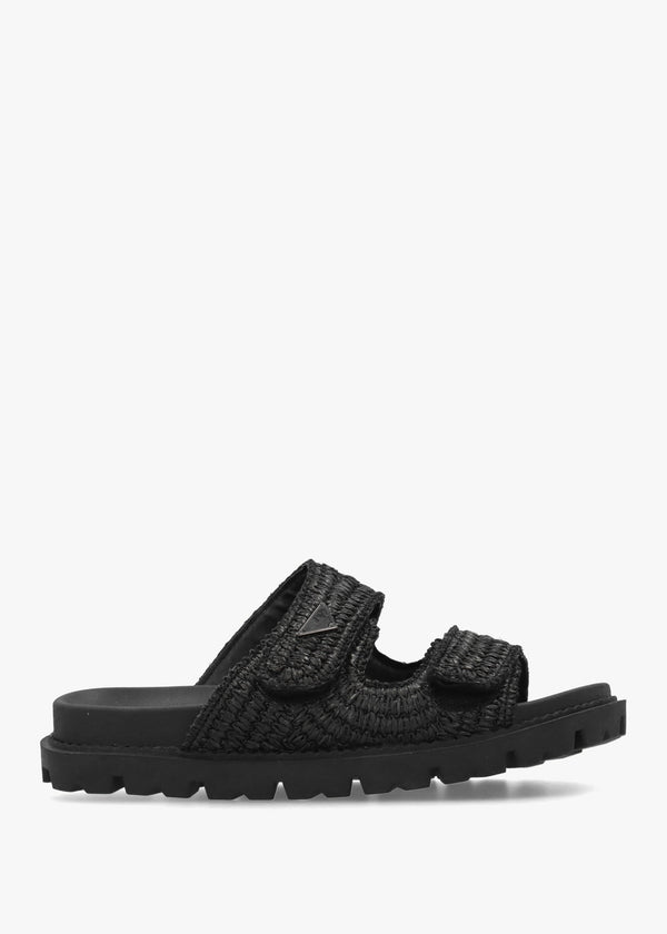 York Black Woven Straw Two Bar Chunky Mules