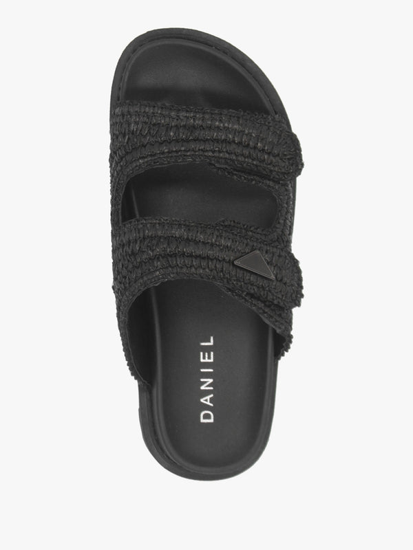 York Black Woven Straw Two Bar Chunky Mules