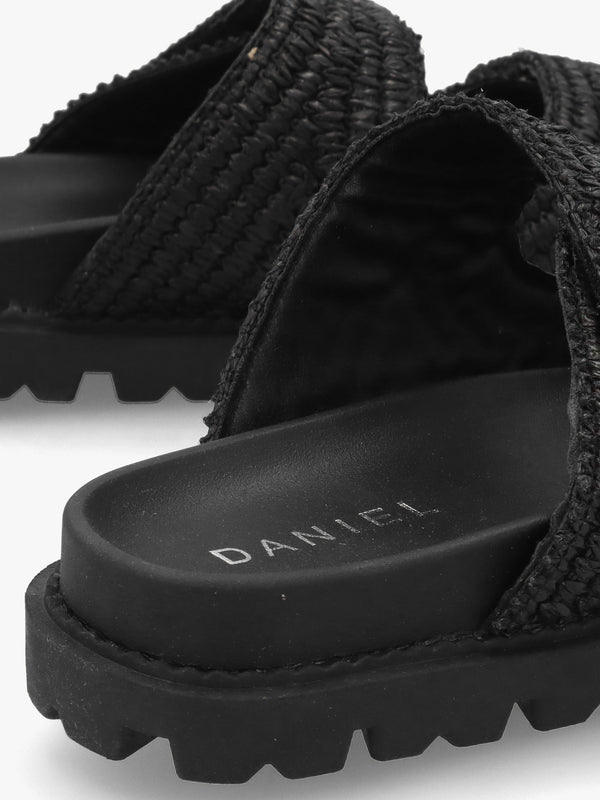 York Black Woven Straw Two Bar Chunky Mules