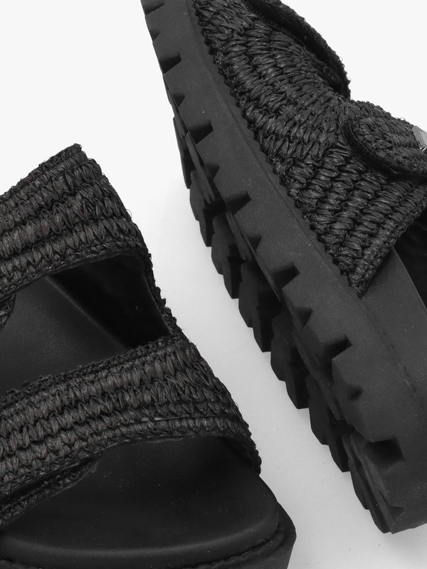 York Black Woven Straw Two Bar Chunky Mules