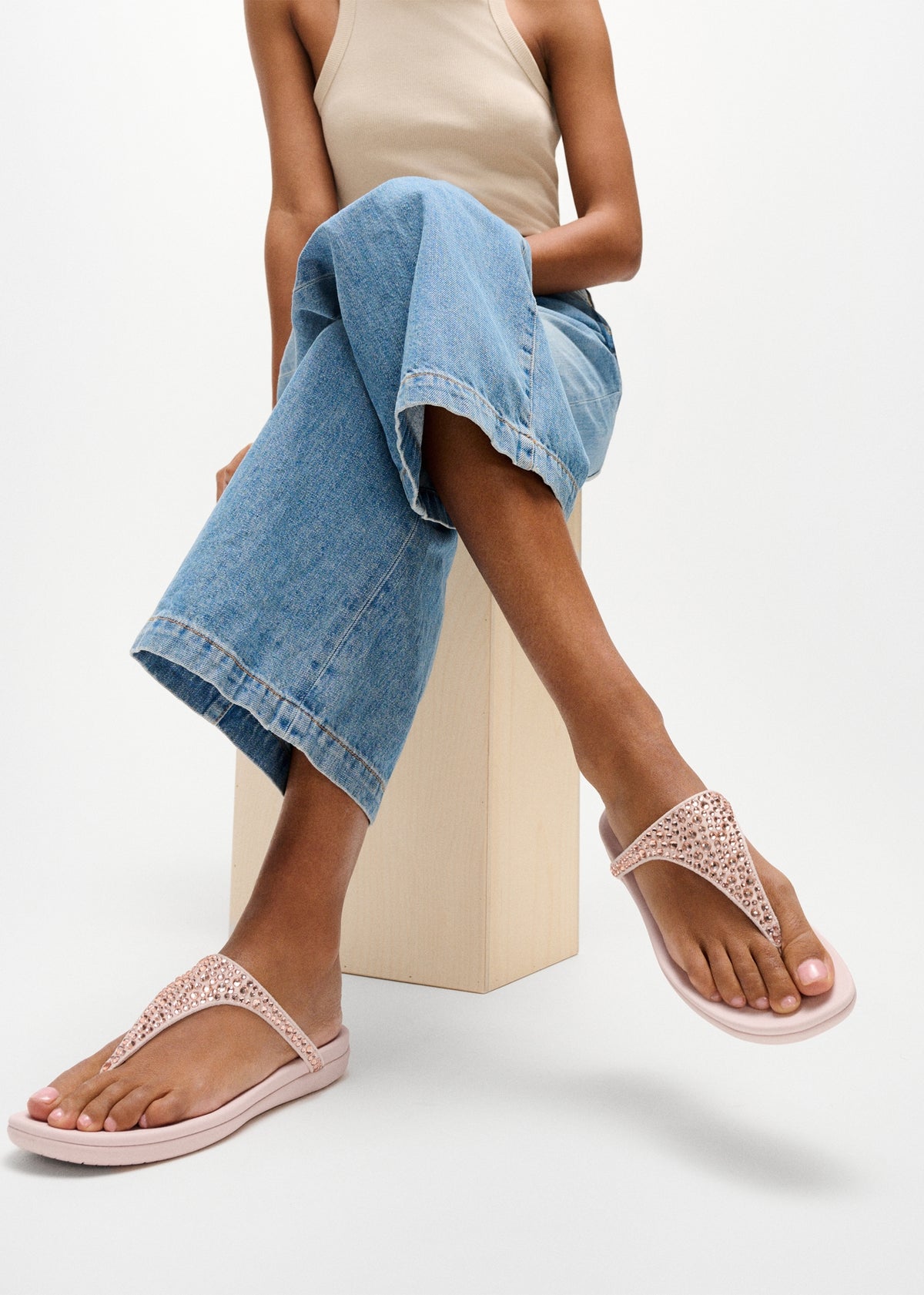 Solay Nude Rose Mixed Crystal Tote Post Sandals