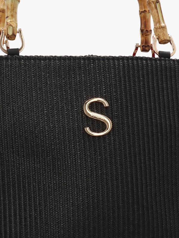 One-Of-A-Kind Ithacas Black Woven Straw Basket Tote Bag