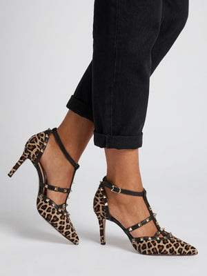 Poltiff Leopard Pony Hair Studded T-Bar Court Shoes