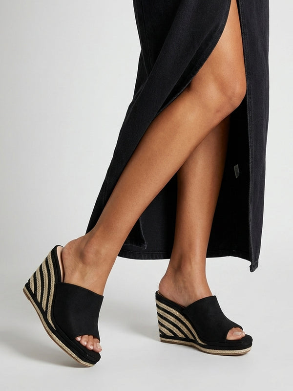 Yana Black Striped Wedge Espadrilles