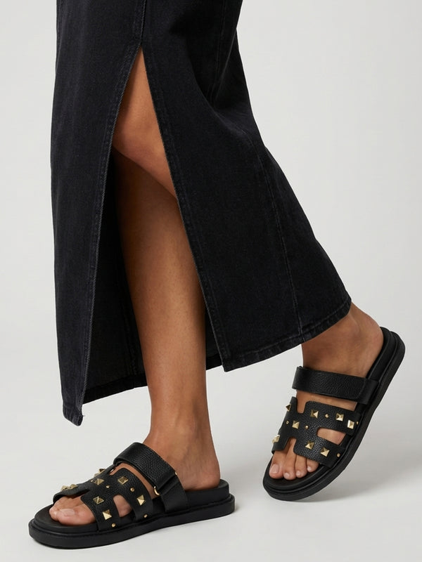 Yasmine Black Studded H Bar Flat Mules