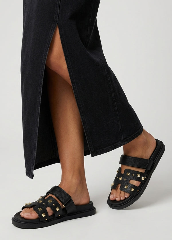 Yasmine Black Studded H Bar Flat Mules