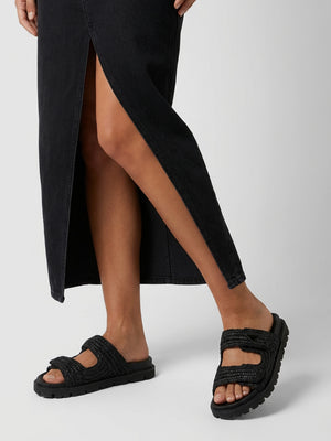 York Black Woven Straw Two Bar Chunky Mules