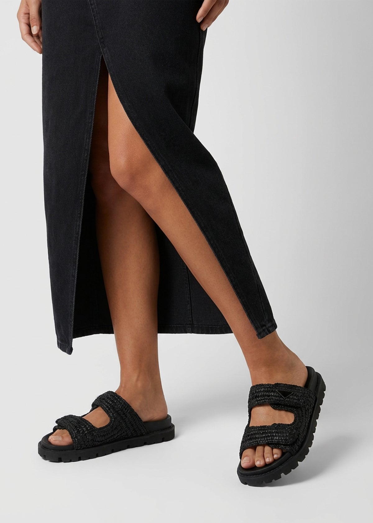 York Black Woven Straw Two Bar Chunky Mules