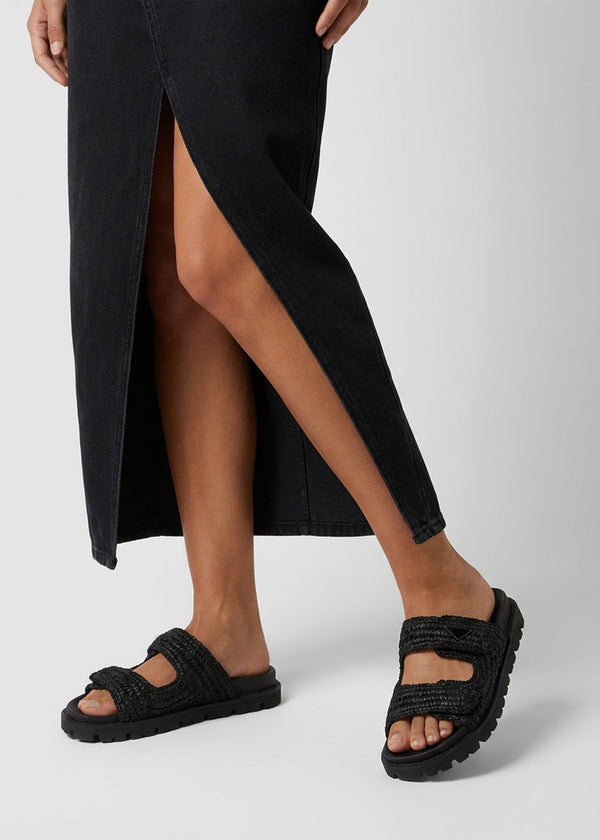 York Black Woven Straw Two Bar Chunky Mules