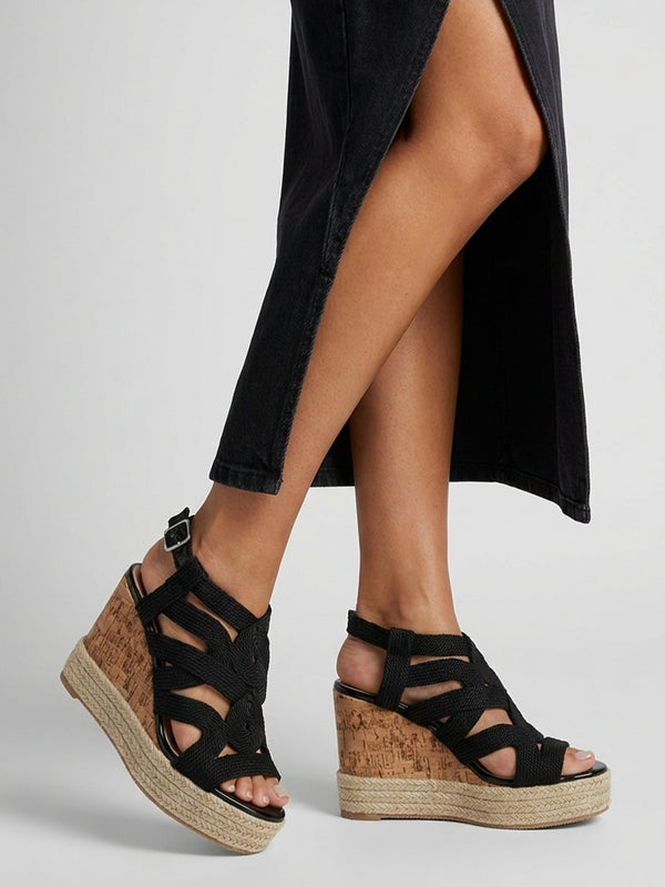 Yope Black Rope High Wedge Espadrille Sandals