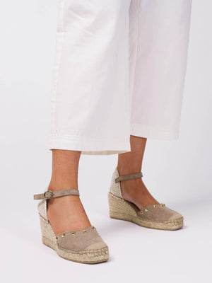 Instud Beige Suede Studded Wedge Espadrilles