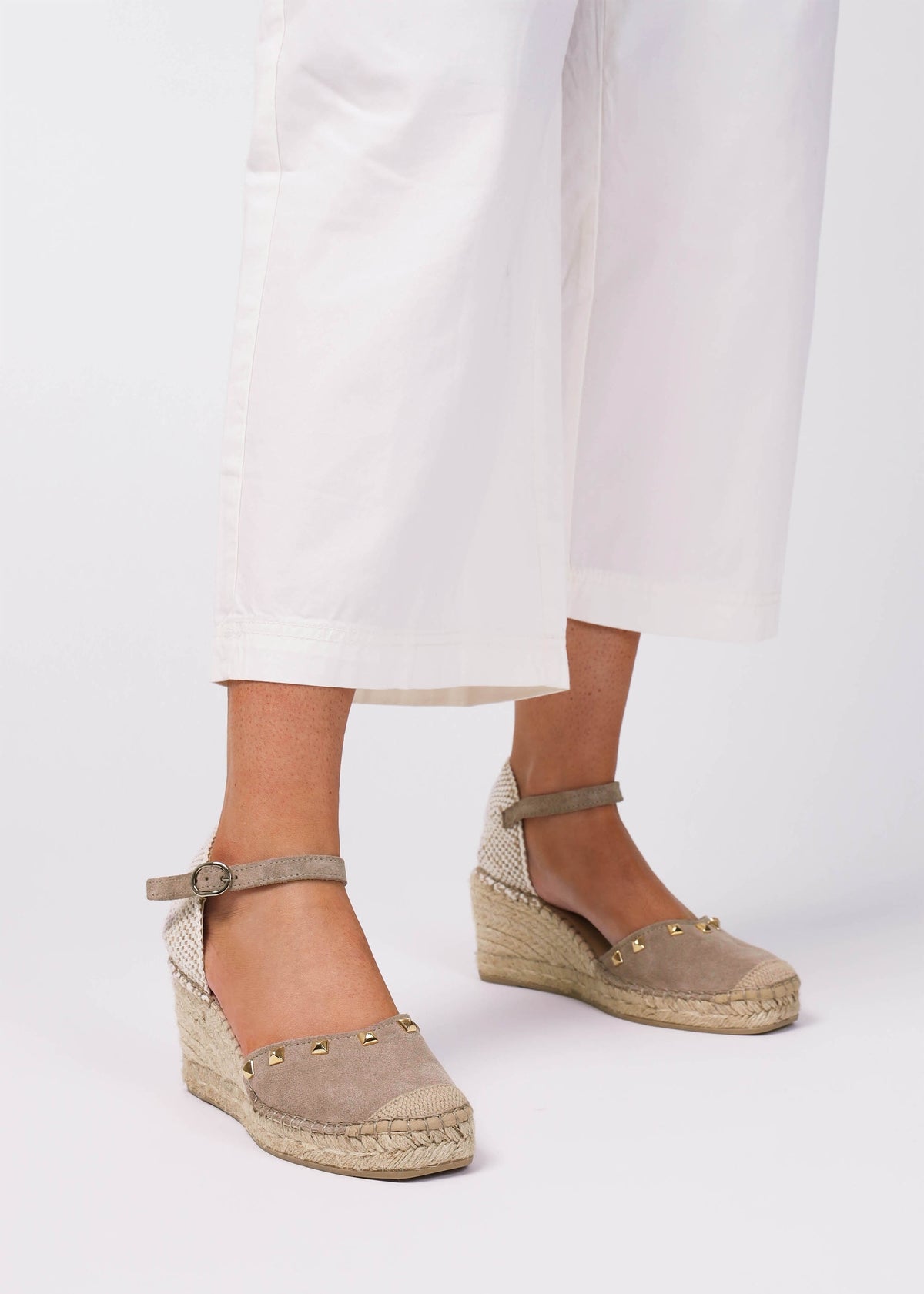 Instud Beige Suede Studded Wedge Espadrilles