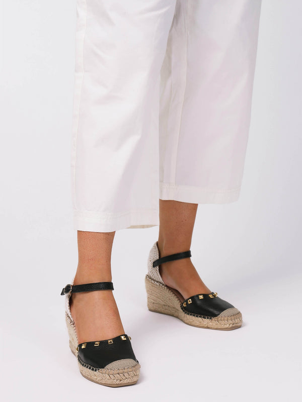 Instud Black Leather Studded Wedge Espadrilles