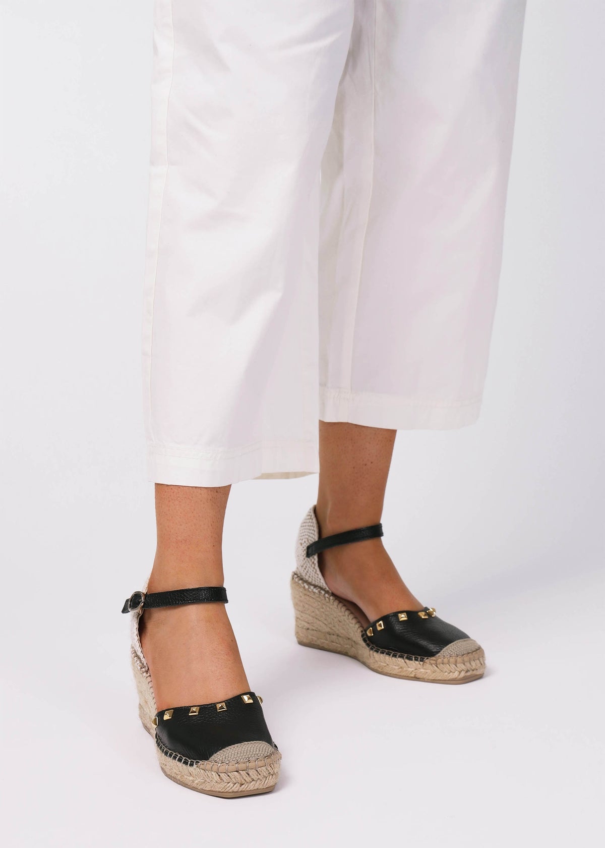 Instud Black Leather Studded Wedge Espadrilles