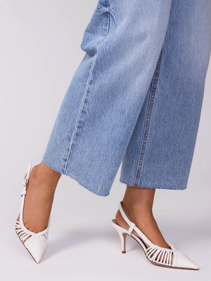 Nuri White Leather Plaited Cage Heel Sling Backs