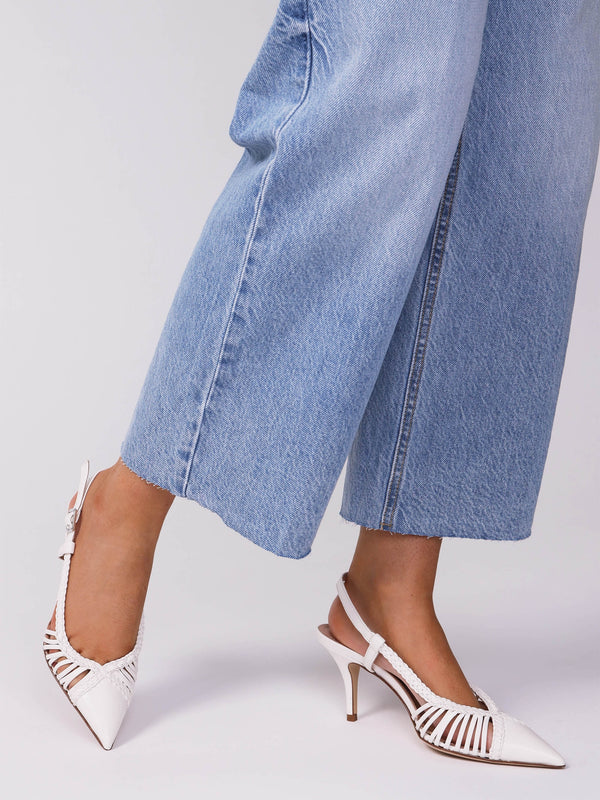 Nuri White Leather Plaited Cage Heel Sling Backs