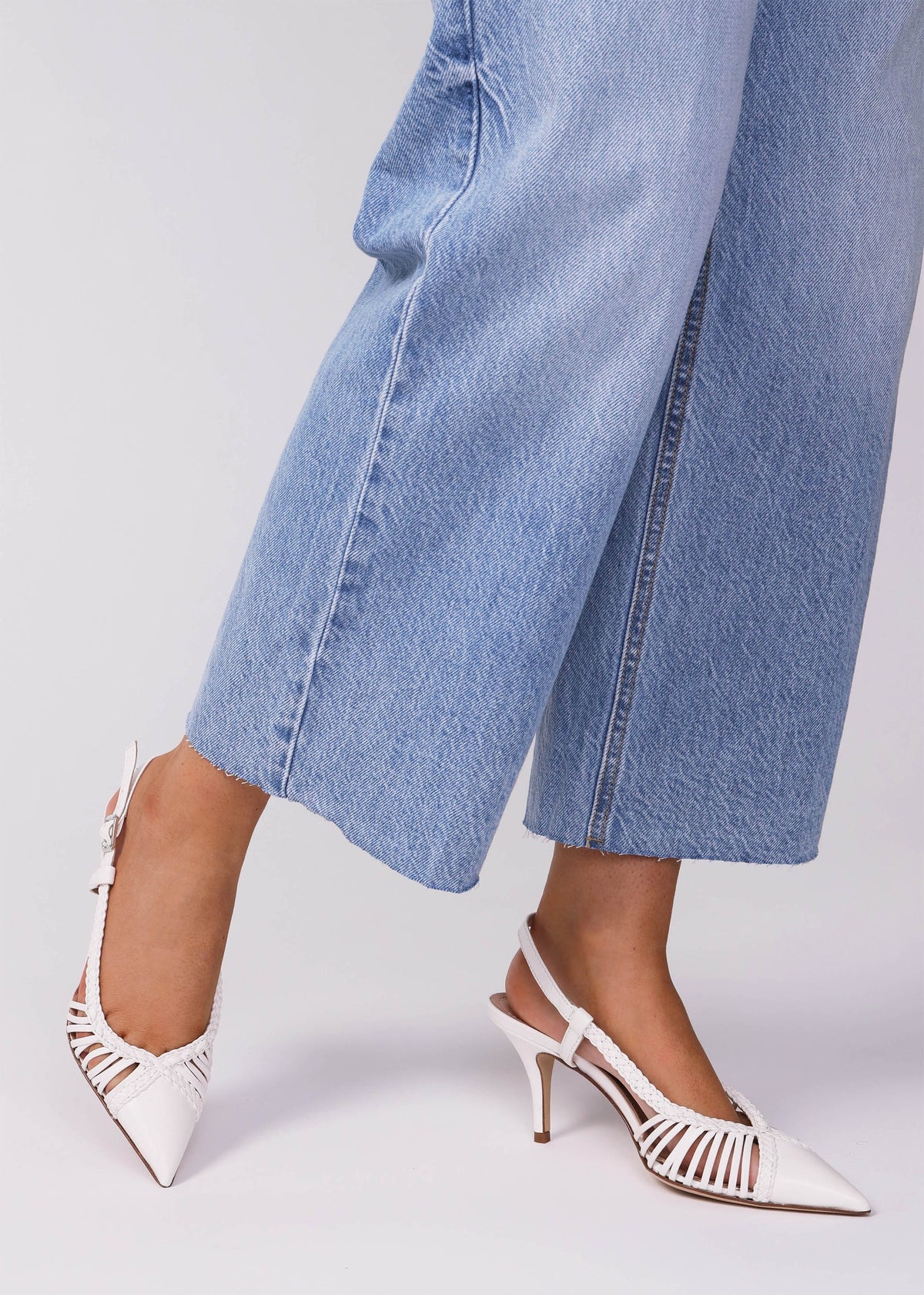Nuri White Leather Plaited Cage Heel Sling Backs