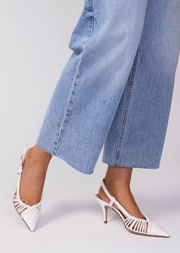 Nuri White Leather Plaited Cage Heel Sling Backs