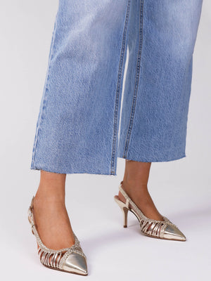 Nuri Gold Leather Plaited Cage Heel Sling Backs